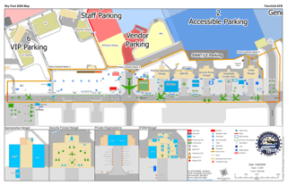 Sky Fest 2026 ground map showing static aircraft displays, sponsor hangar, security forces hangar, private organizations hangar, STEM hangar, vendor and accessible parking, restrooms, food and beverage areas, and showline